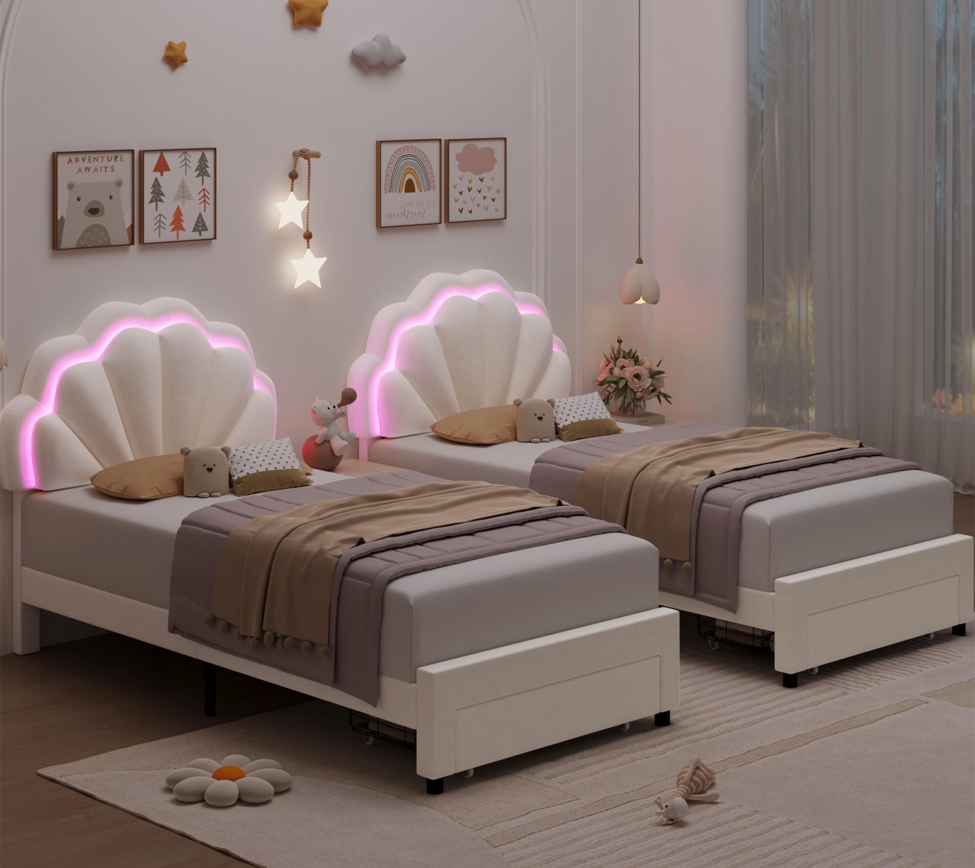 HIFIT 2 Set Twin Bed Frame with Storage and LED Light for Girls, Twin Size Upholstered LED Bed Frame with Drawer & Chic Double Petal Headboard, Solid