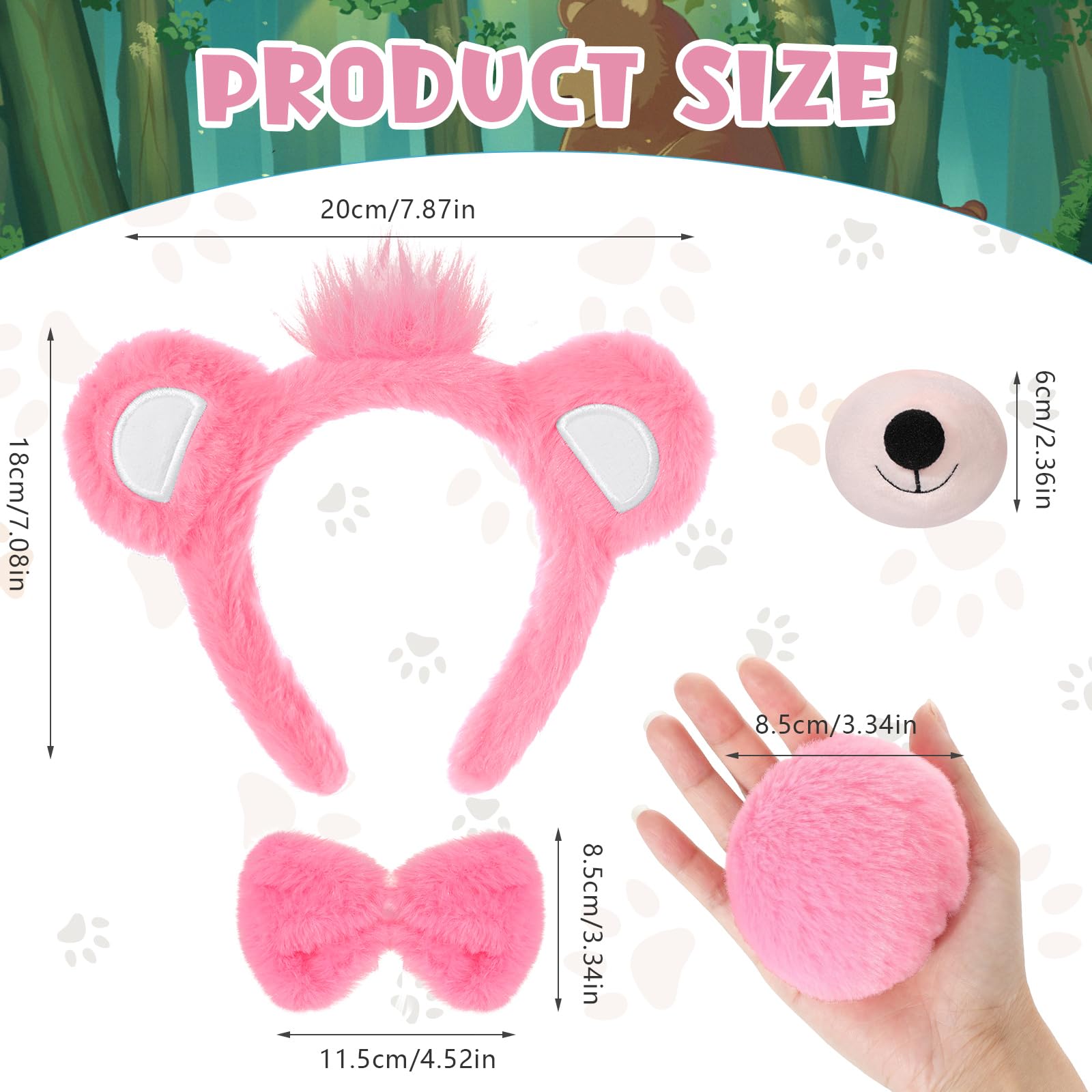 Hifot 4PCS Bear Costume Accessories, Furry Bear Ears Headband Nose Bow Tie and Tail Set - Image 3