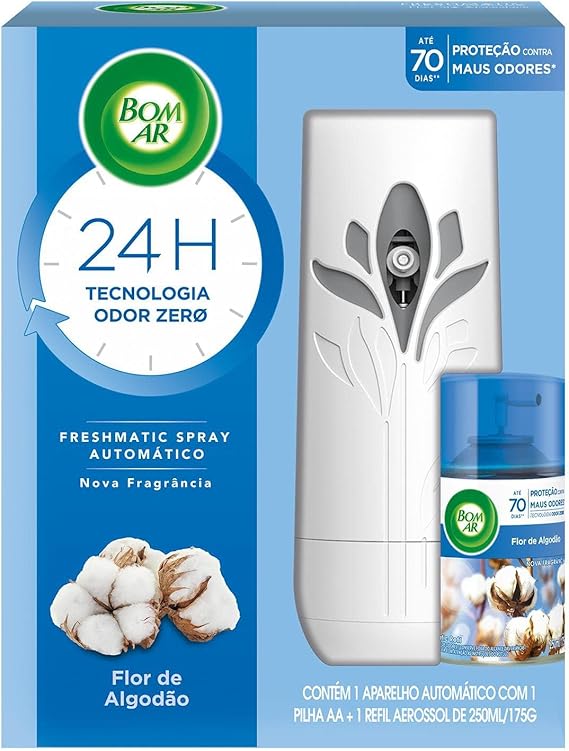 Bom Ar Aromatizador de Ambiente Automático Aerossol Freshmatic Flor de Algodão Aparelho + Refil 250ml Menor preço em Bom Ar Aromatizador de Ambiente Automático Aerossol Freshmatic Flor de Algodão Aparelho + Refil 250ml