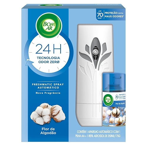 Aromatizador de Ambiente Automático Bom Ar, 250ml | Aerossol Freshmatic, Flor de Algodão, Aparelho + Refil