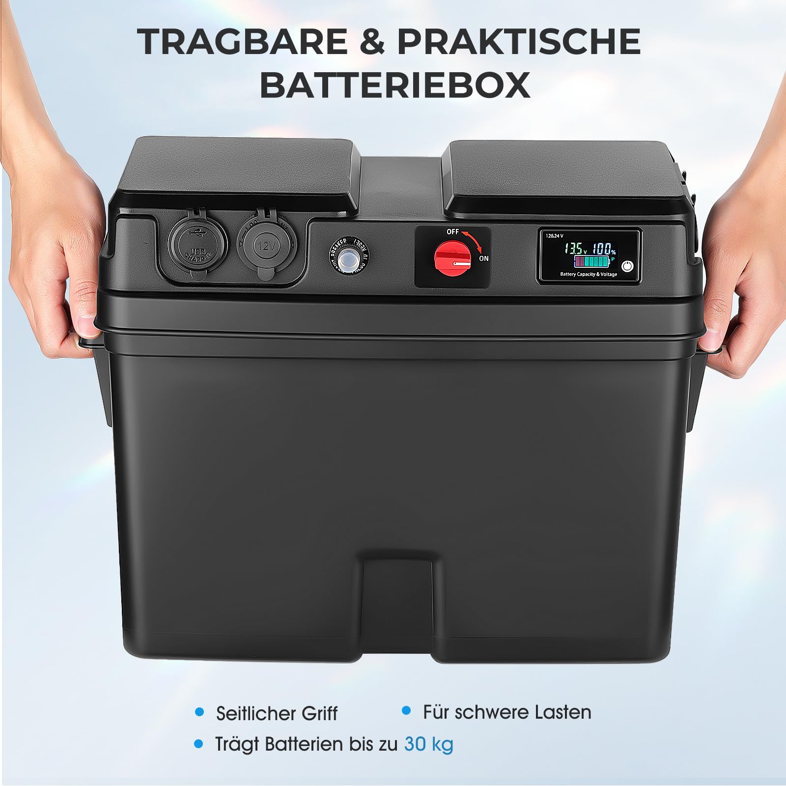 GEARMONSTER Batteriebox für Bootsmotor Elektromotor Schlauchboot Aussenboarder RV– mit USB & 12V Anschluss, Zigarettenanzünder, LED-Anzeige, 50A Steckern, passend für Batterien Größe 24/27/31