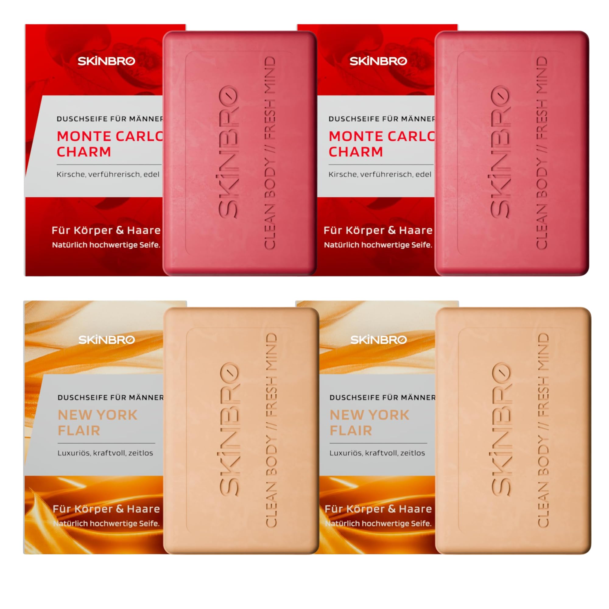 SKINBRO 4er Set Festes Duschgel Männer: 2x New York Flair & 2x Monte Carlo Charm – Vegane Duschseife für Körper & Bart – Nachhaltig & Made in Germany
