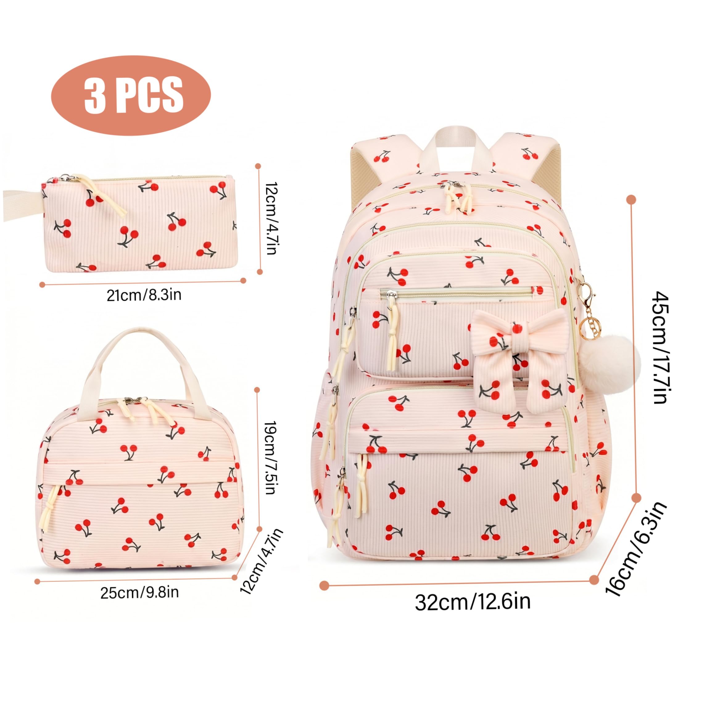 Juego de 3 mochilas de pana con diseño de cerezas para niñas y mujeres, mochila escolar con bolsa de comida y estuche para lápices, mochila ligera para viajes, uso diario, linda escolar
