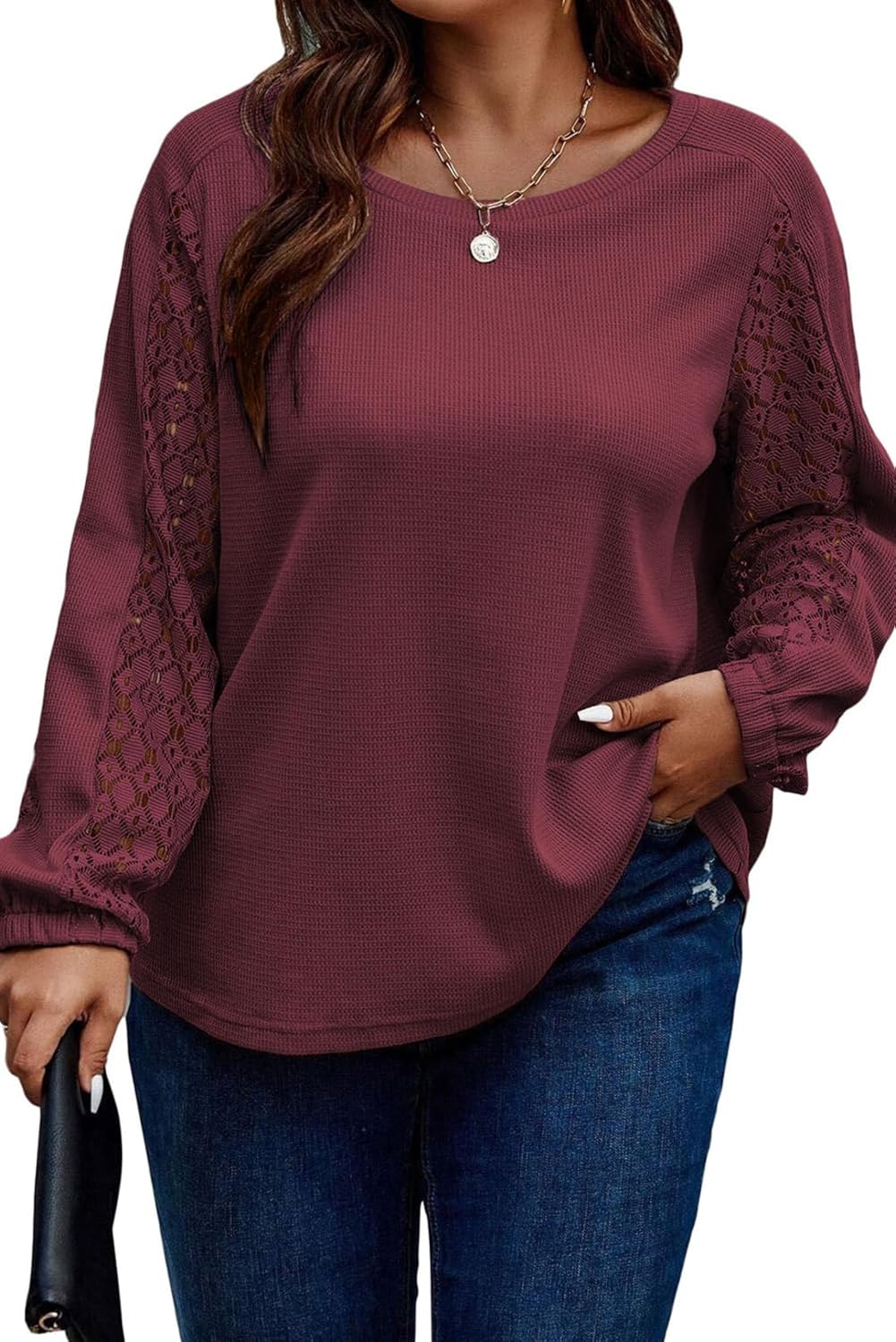 Eytino Womens Plus Size Tops Lace Long Sleeve Waffle T Shirts Casual Crewneck Tunic Tops(1X-5X)