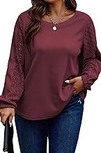Eytino Womens Plus Size Tops Lace Long Sleeve Waffle T Shirts Casual Crewneck Tunic Tops(1X-5X)