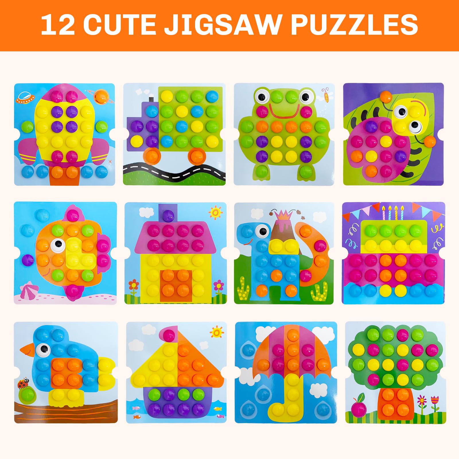 Euablfo Gioco Chiodini per Bambini,Incastro Mosaico con 46 Perle, Giochi Educativi Giocattoli, Giocattolo Educativo con 12 Modelli di Immagini Giochi da Viaggio, Regalo Bambini