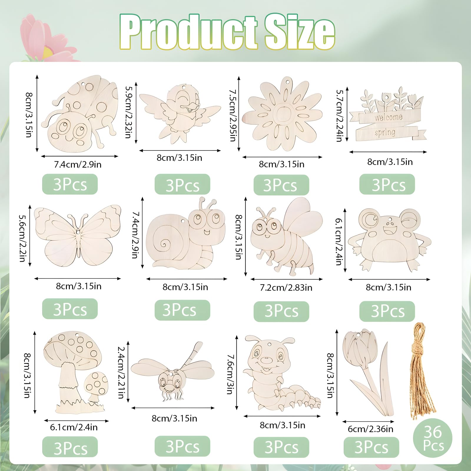 36Pcs Wooden Craft Shapes Blank Wood Ornaments DIY Woodens Crafts Kit Woodens Flower Butterfly Shapes for Kids Unfinished Wood Cutouts with Hole with Twine for DIY Crafts Home Decoration Craft Project - Image 2