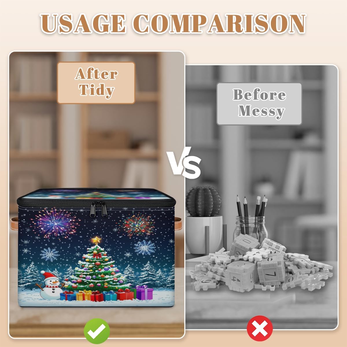 Storage Bin Set of 2 Christmas Tree Snowman Snow Storage Basket with Zipper Lid & Handle Foldable Closet Shelf 2 Pack Cloth Organizer Basket Cube Bins for Bedroom, Nursery