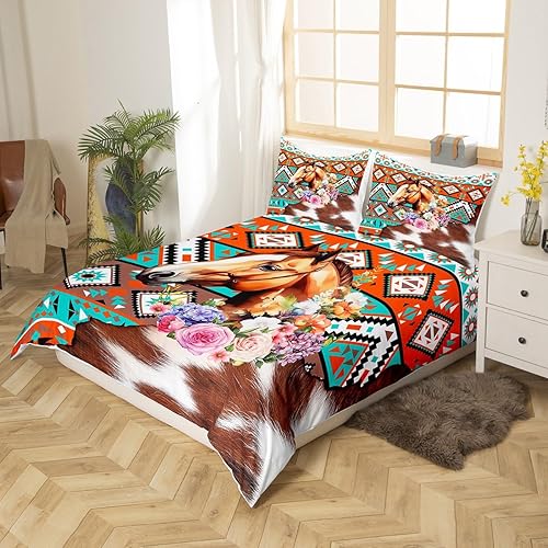 Miniatura 2 de Manfei Juego de funda de edredón de caballo, tamaño matrimonial, juego de ropa de cama tribal nativo americano de 3 piezas para decoración de
