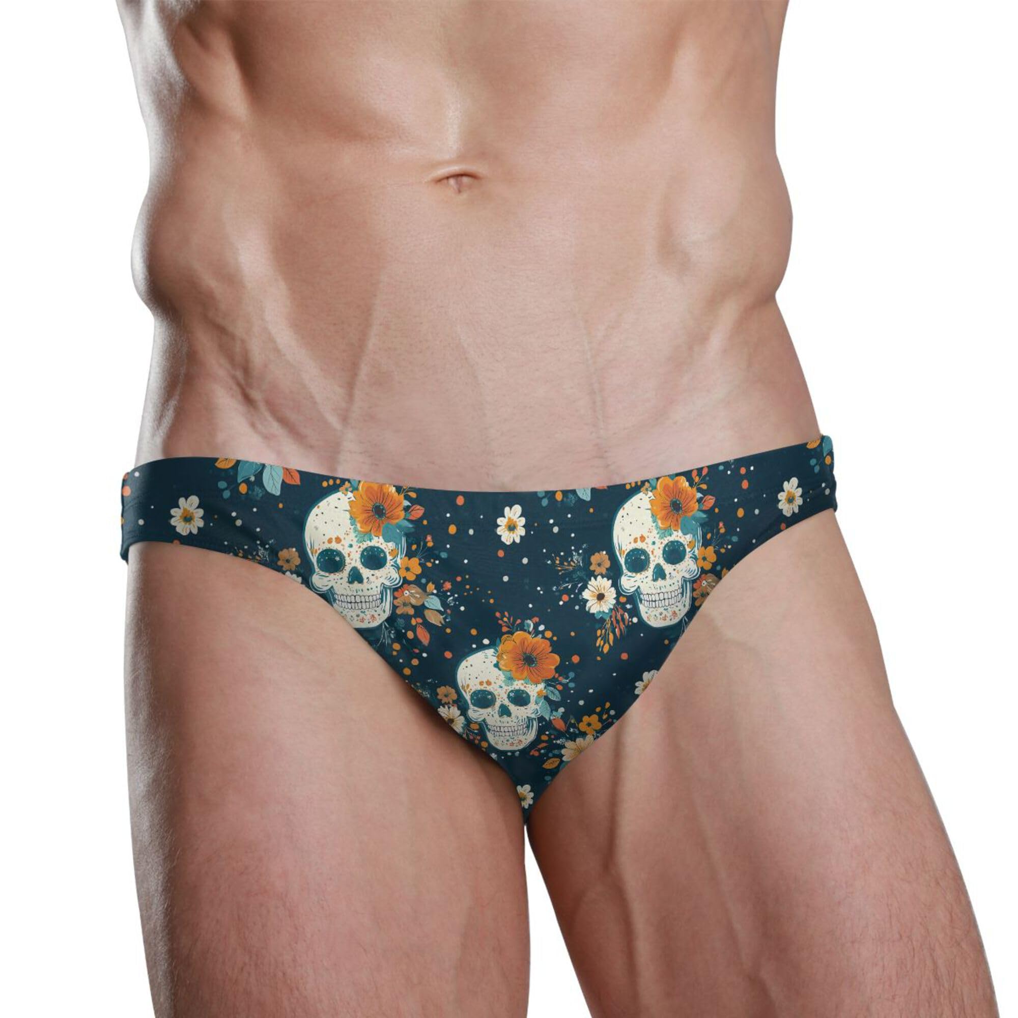 Skull Flower Mens Swimwear Swim Briefs Bikini Swimsuit for Summer Beach L B0404434