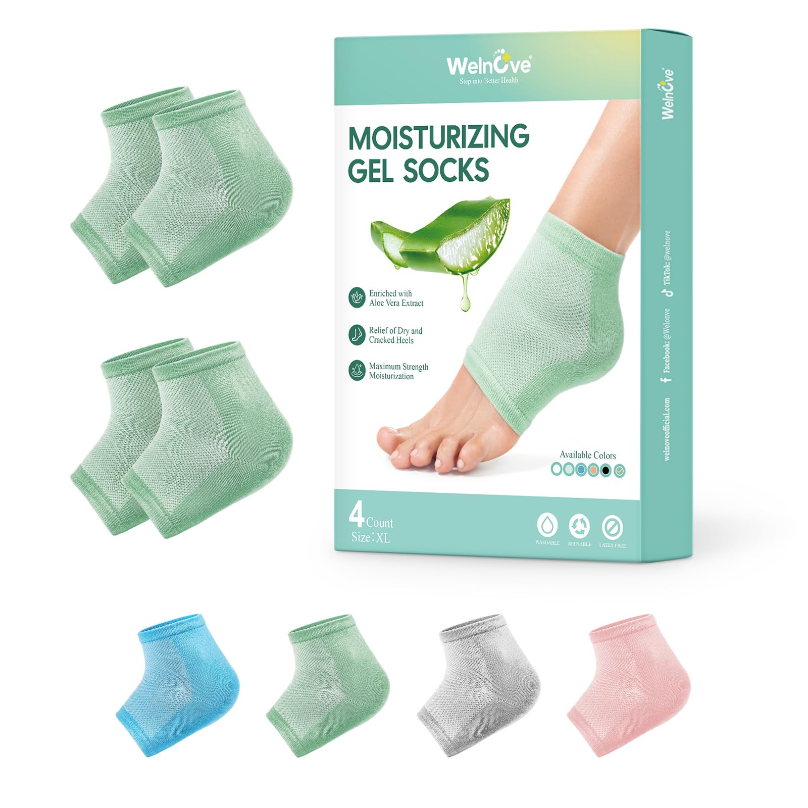 Welnove Moisturizing Heel Socks - 2 Pairs Aloe Vera Extract Infused Gel Lining for Dry Feet - Cracked Heel Repair Treatment - Cotton Socks for Women