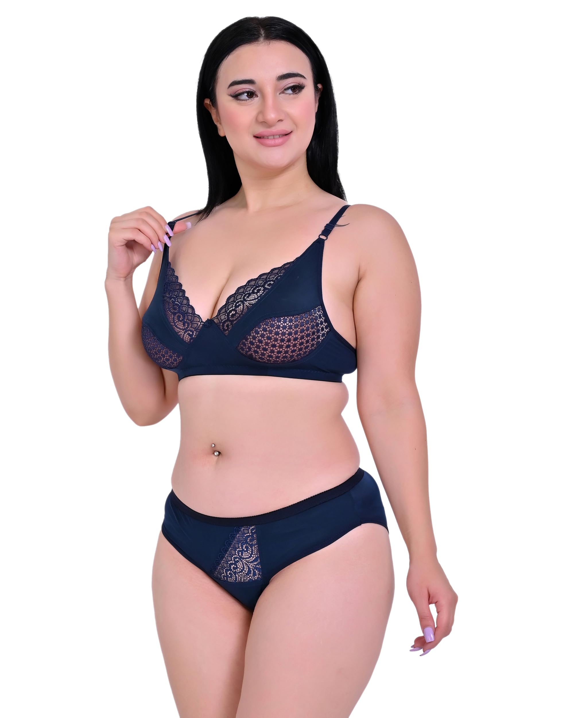 Women's Lace Trim Bra and Panty Set, Navy Blue, Lingerie Set with Adjustable Straps-picture-19