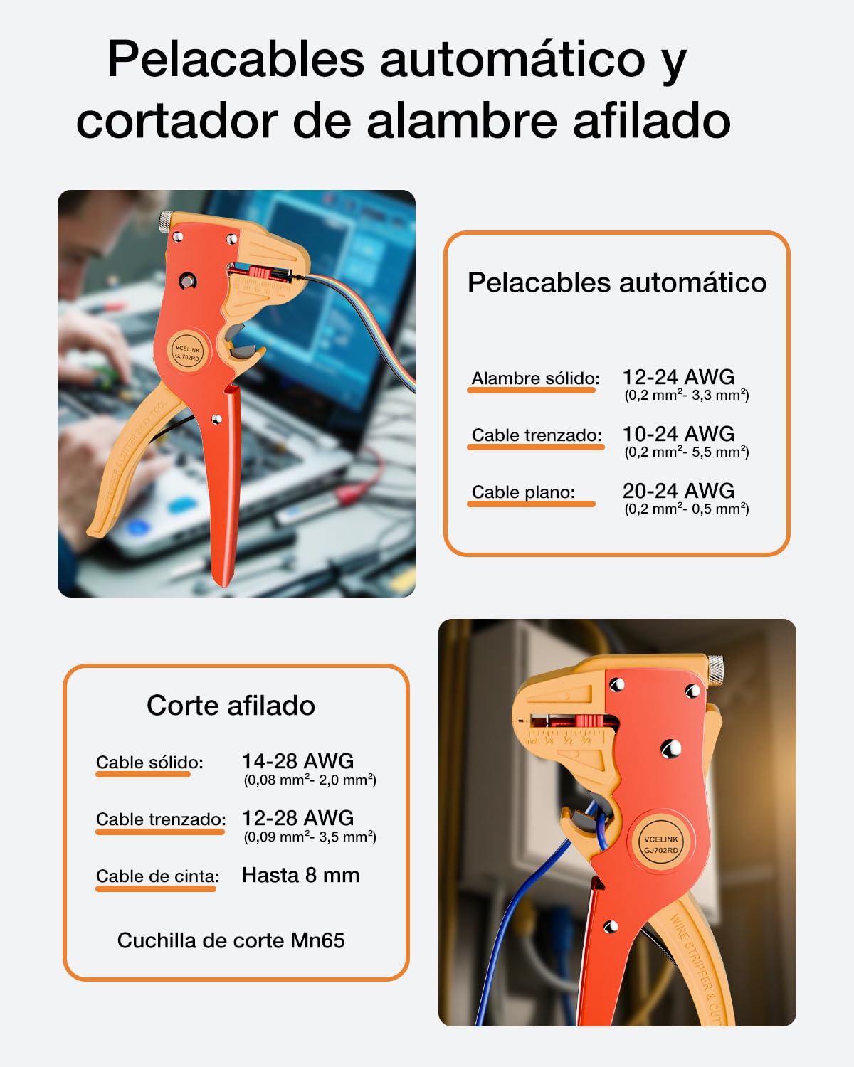 VCELINK Pelacables Automático, 2-en-1 Pelacables Multifuncional de Ajuste Desmontaje del Alambre 0,2-6mm² para Pelar y Cortar Cables