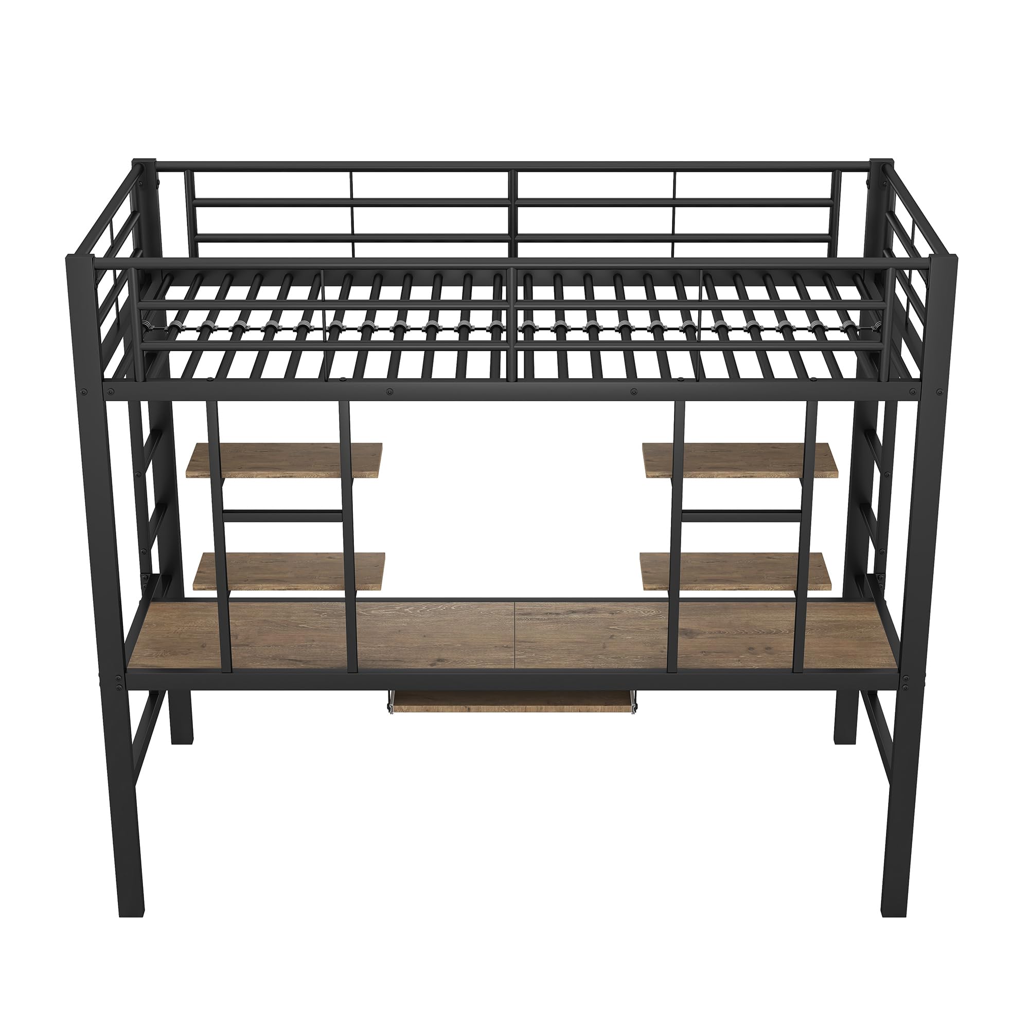 Moimhear Estructura de Cama de Metal 90 x 200 cm, Cama de Hierro, Cama Alta con Escritorio y Dos estanterías para niños, Adolescentes y Adultos (Negro 90x200cm)