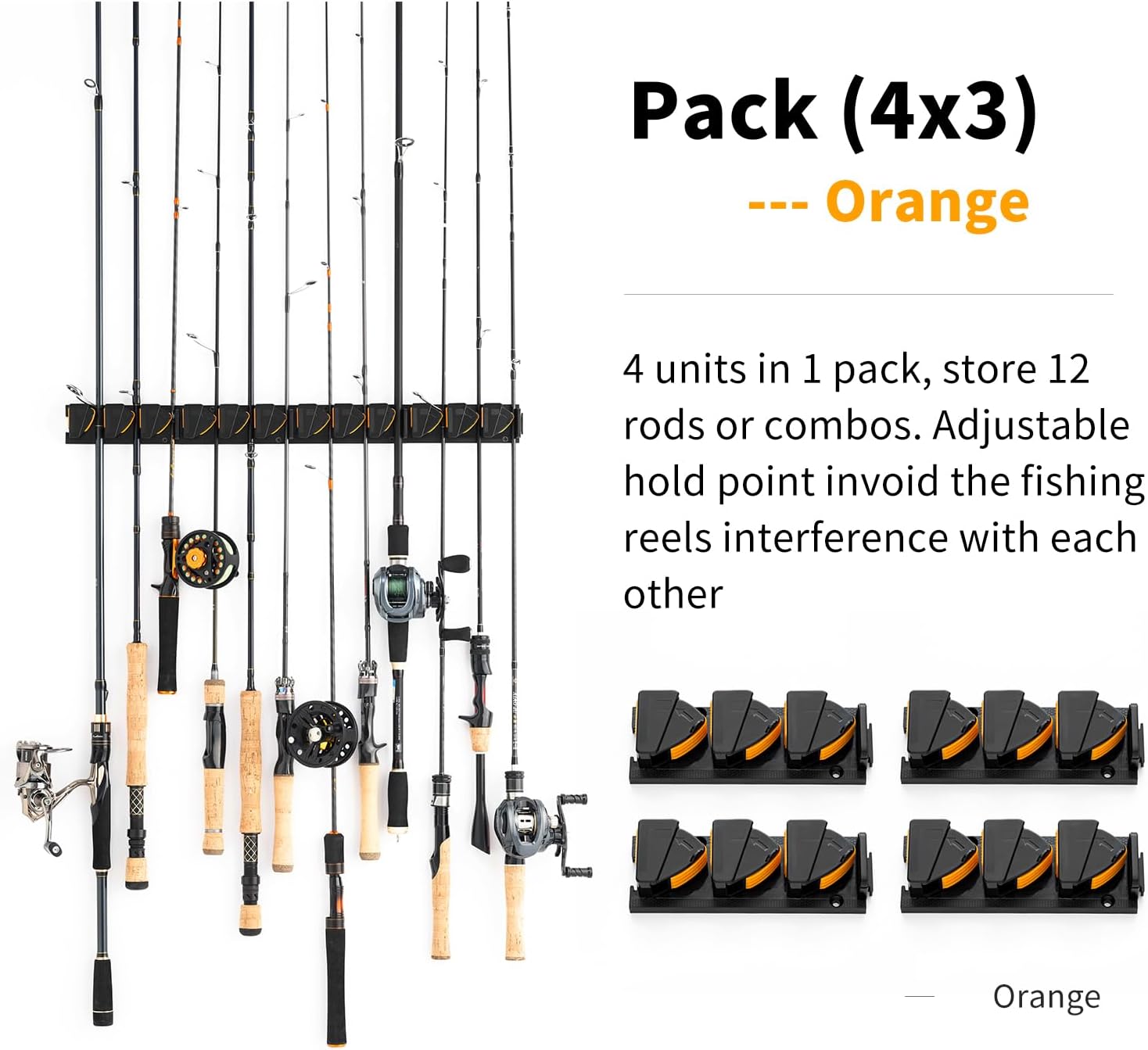 Warome Vertical Fishing Pole Holders for Garage, Garage Door Fishing Rod Holder, Stores Up to 12 Rods, and Fits Most Rods of Diameters 0.12"-0.71", Fishing Rod Rack in Orange