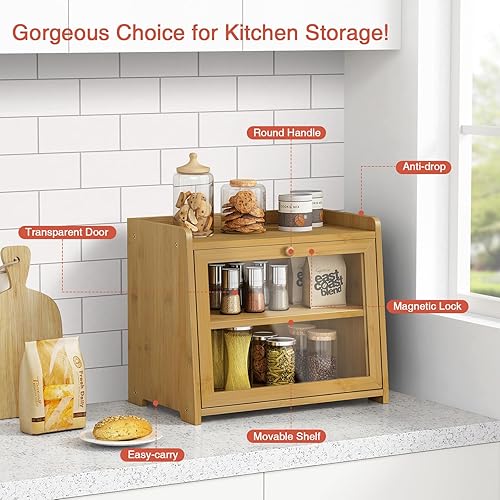 Miniatura 6 de Panera de bambú para encimera de cocina, organizador de encimera de cocina de madera y almacenamiento para pan, café, especias, aperitivos,