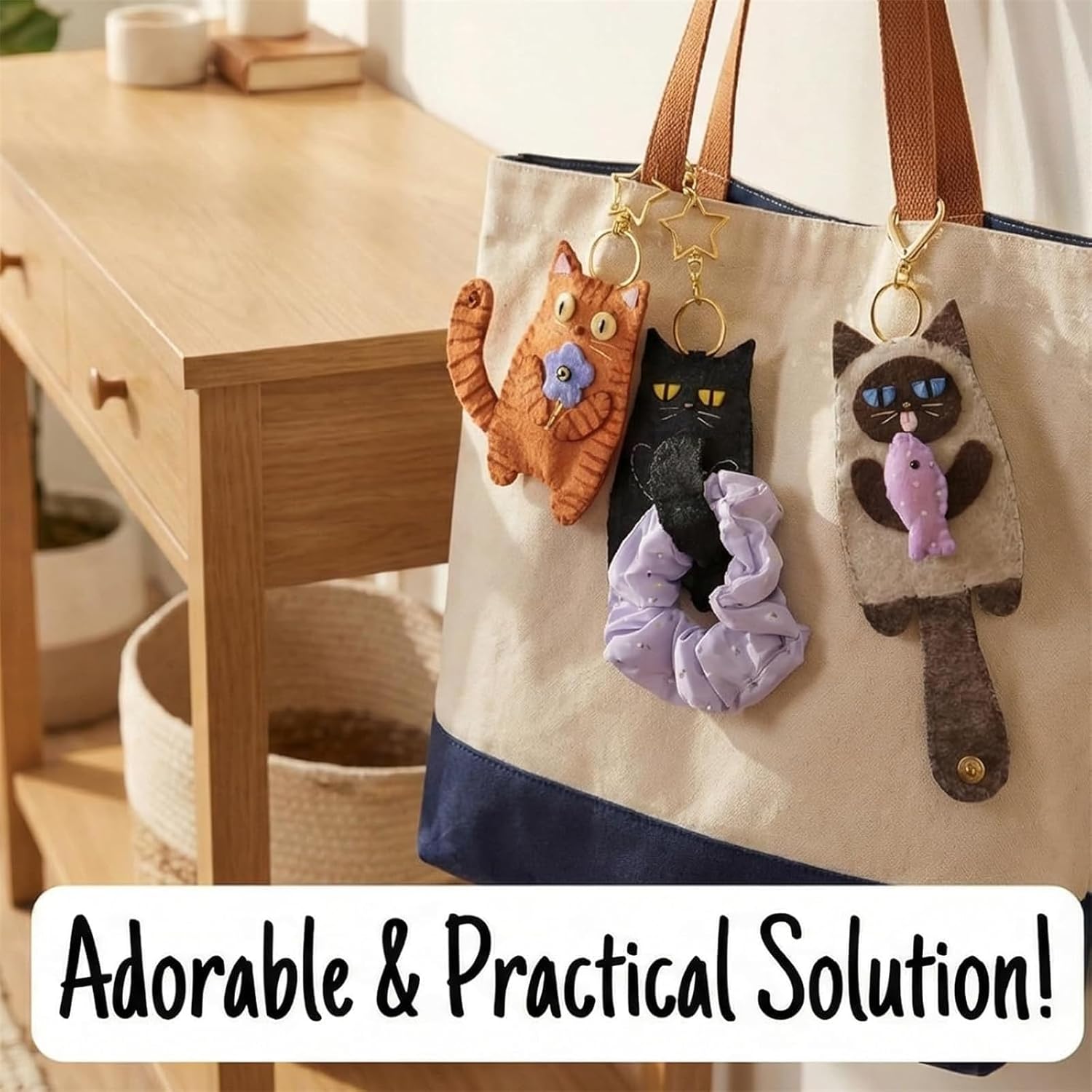 Felt Kitty Keyring, Cute Cat Keychain with 5 Charms, Handmade Cat Keychain Coin Purse Pouches Key Chain for Women Gift