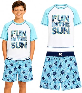 Quad Seven Boys 2-Piece Rash Guard Swimsuit Set Short-Sleeve Sizes 5-12