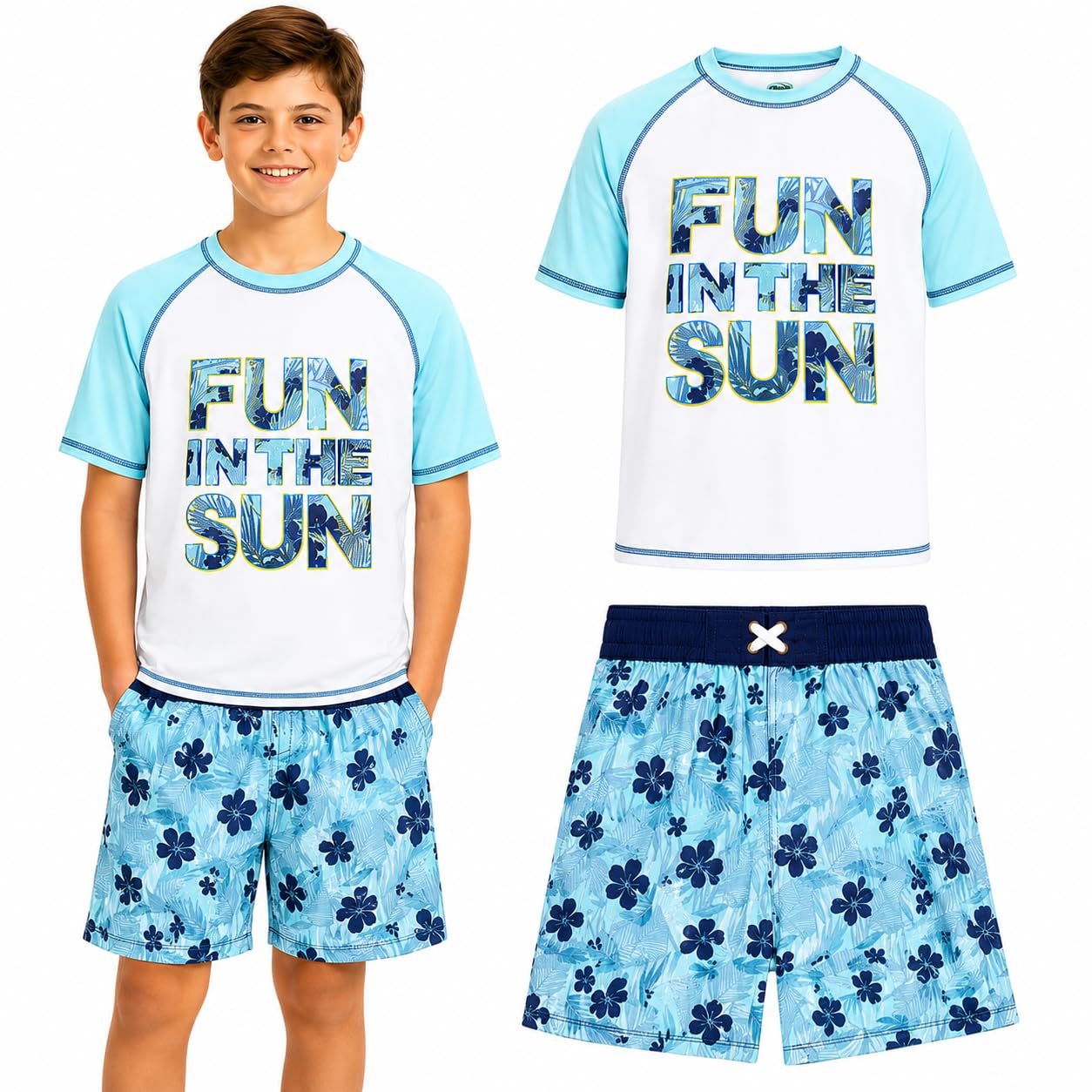 Quad Seven Boys 2-Piece Rash Guard Swimsuit Set Short-Sleeve (Sizes 5-12) | Lightweight Quick-Dry Fabric with Sun Protection, Matching Top &amp; Trunks, Adjustable Drawstring Waist for Pool or Beach Days