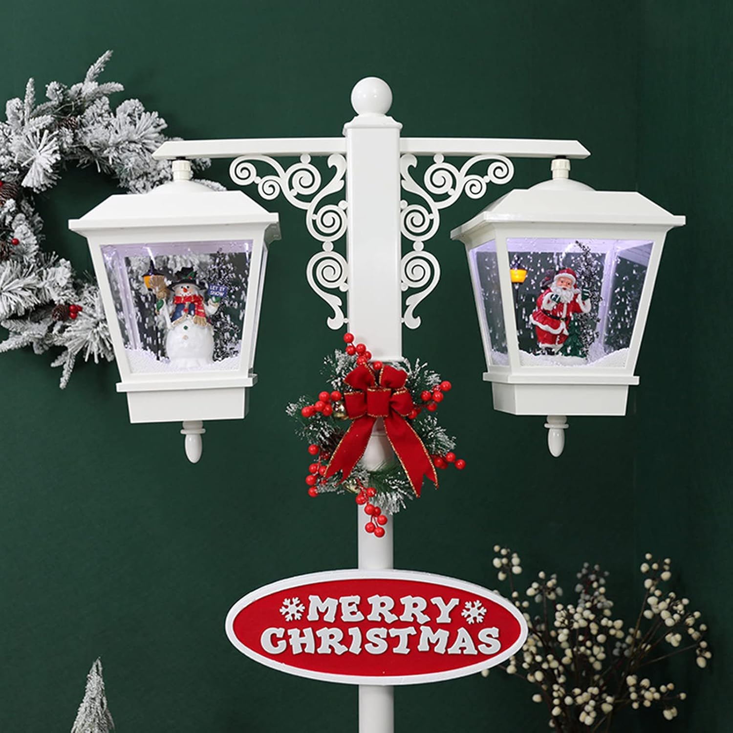 AIZYR 74" Double Christmas Street Lamp with Santa and Snowman Decoration, Christmas Snow Globe Lantern with LED Light, Music, White