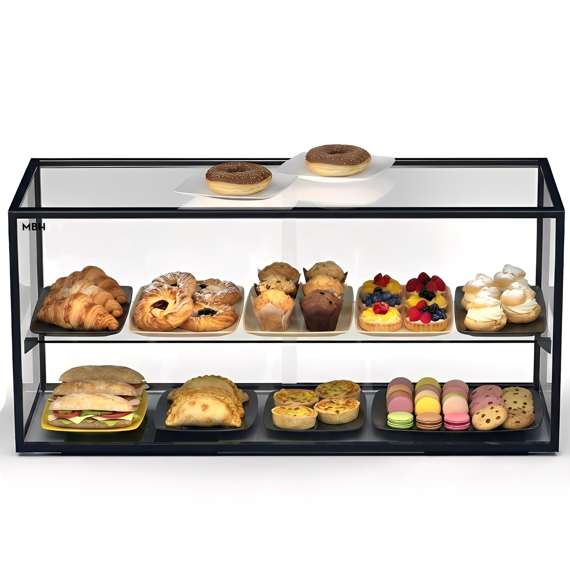 MBH - Vitrina Expositora Neutra de Sobremostrador 92x39 cm, Cristal Recto Templado, 2 Pisos, sin Iluminación LED, Puertas Traseras Correderas, para Bar, Cafetería, Restaurante, Bollería y Repostería.