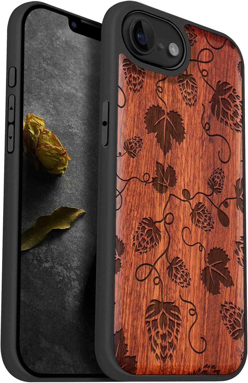 Carveit Magnetic Wooden Case for iPhone 16e / 17e, Solid Wood & Black TPU, Artisan Engraved Design, Shockproof Cover, Compatible with MagSafe Wireless Chargers, Hops & Vines Elegance - Rosy