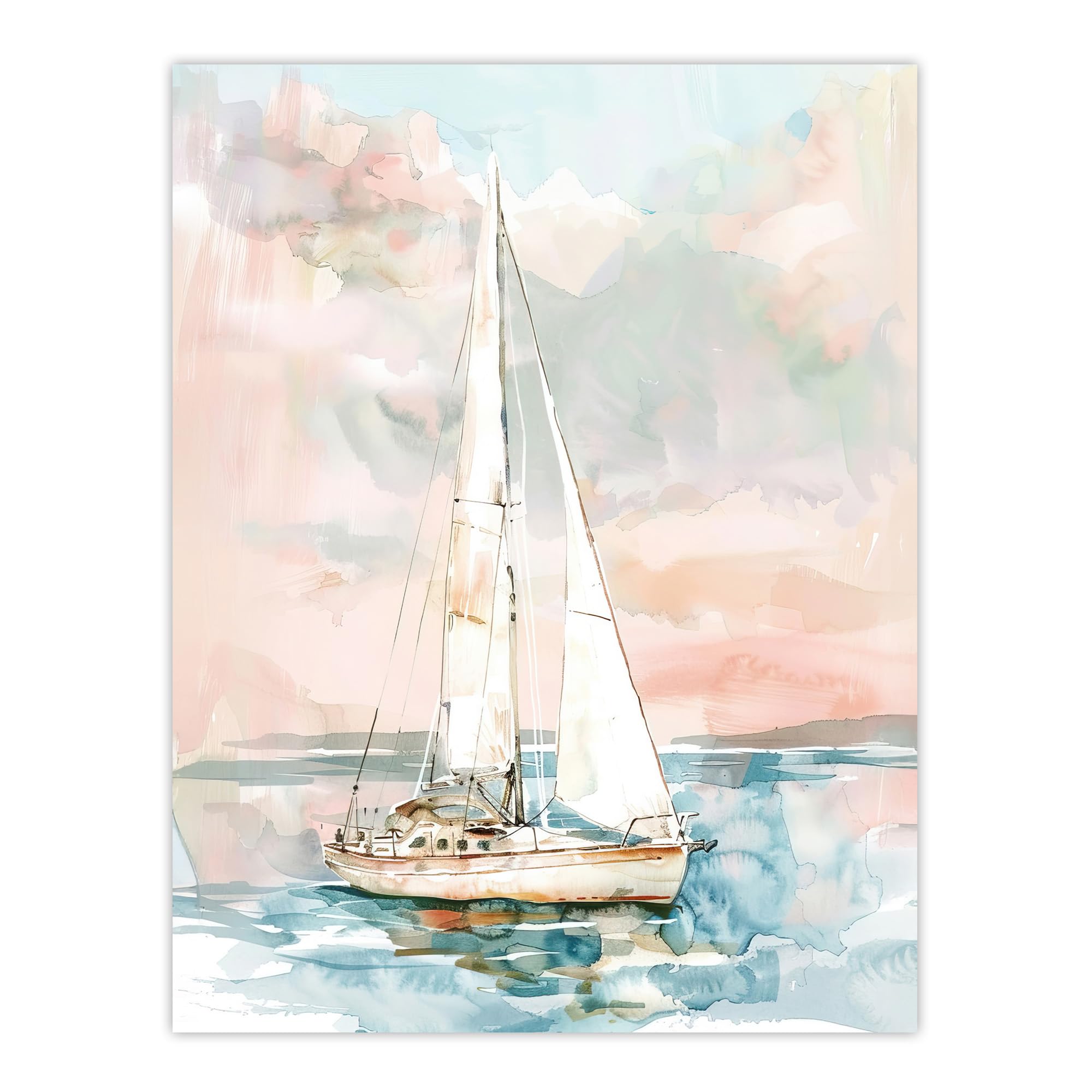 Artery8 Sailboat Early Morning Seascape Watercolour Bathroom Toilet Large Wall Art Poster Print Thick Paper 18X24 Inch