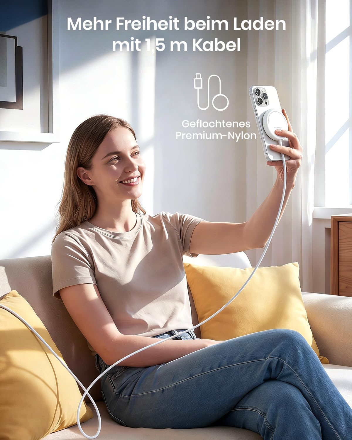 Qi2 25W Magnetisches kabelloses Ladegerät, 1,5 m Ladepad kompatibel mit Mag-Safe für iPhone 17e/Air/17/16/15/14/13/12, AirPods 4/3/2/Pro, Pixel 10 Serie und mehr (Inkl. 30W Netzteil)-Weiß