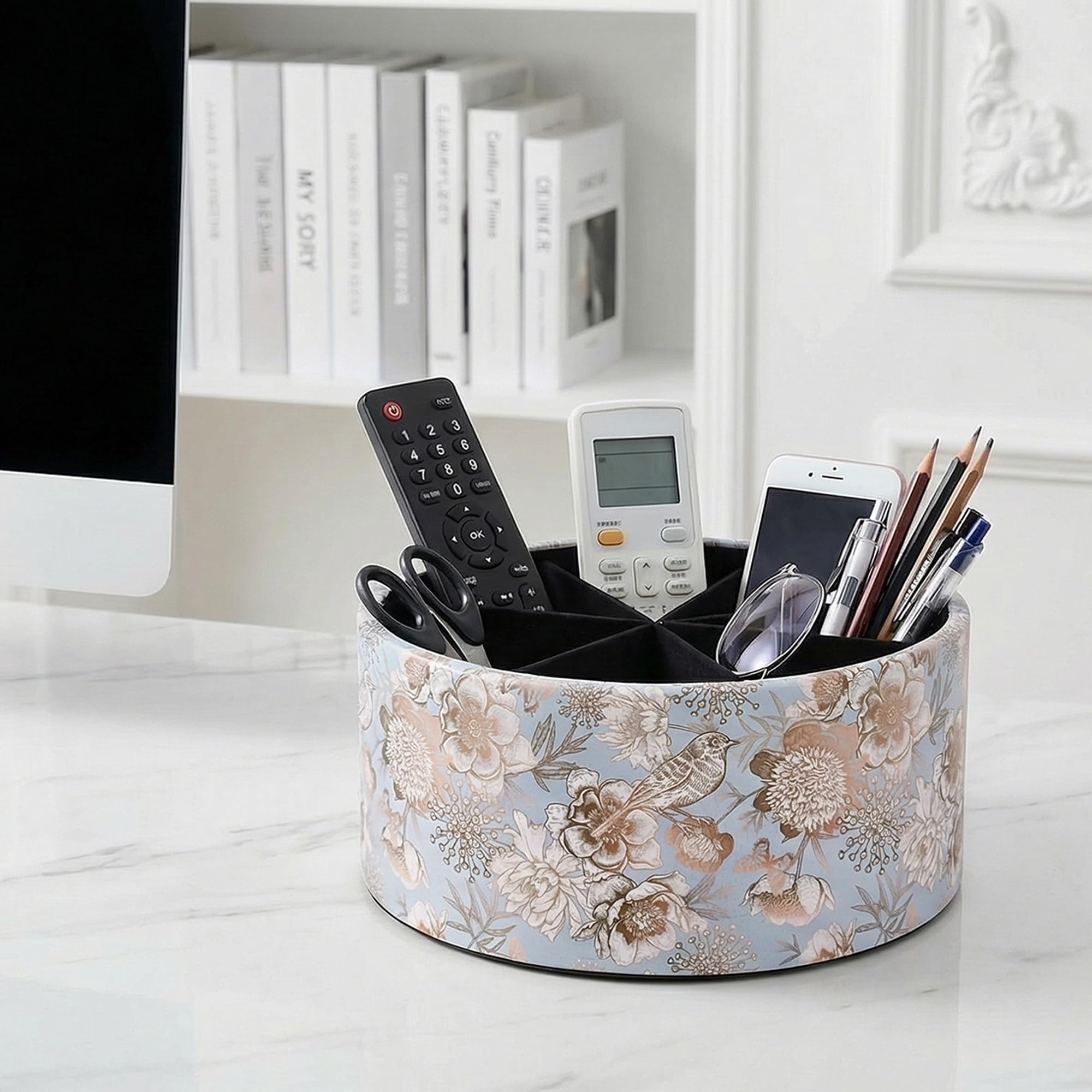 Organizer da scrivania girevole a 360, multifunzionale, girevole per penne, organizer da scrivania a 6 scomparti, portapenne (1B, uccellino blu)