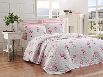 Birds Bedding, Flamingo Birds Themed Full/Queen Size Bedspread/Coverlet Set, Girls Bedding, 3 Pieces, Pink