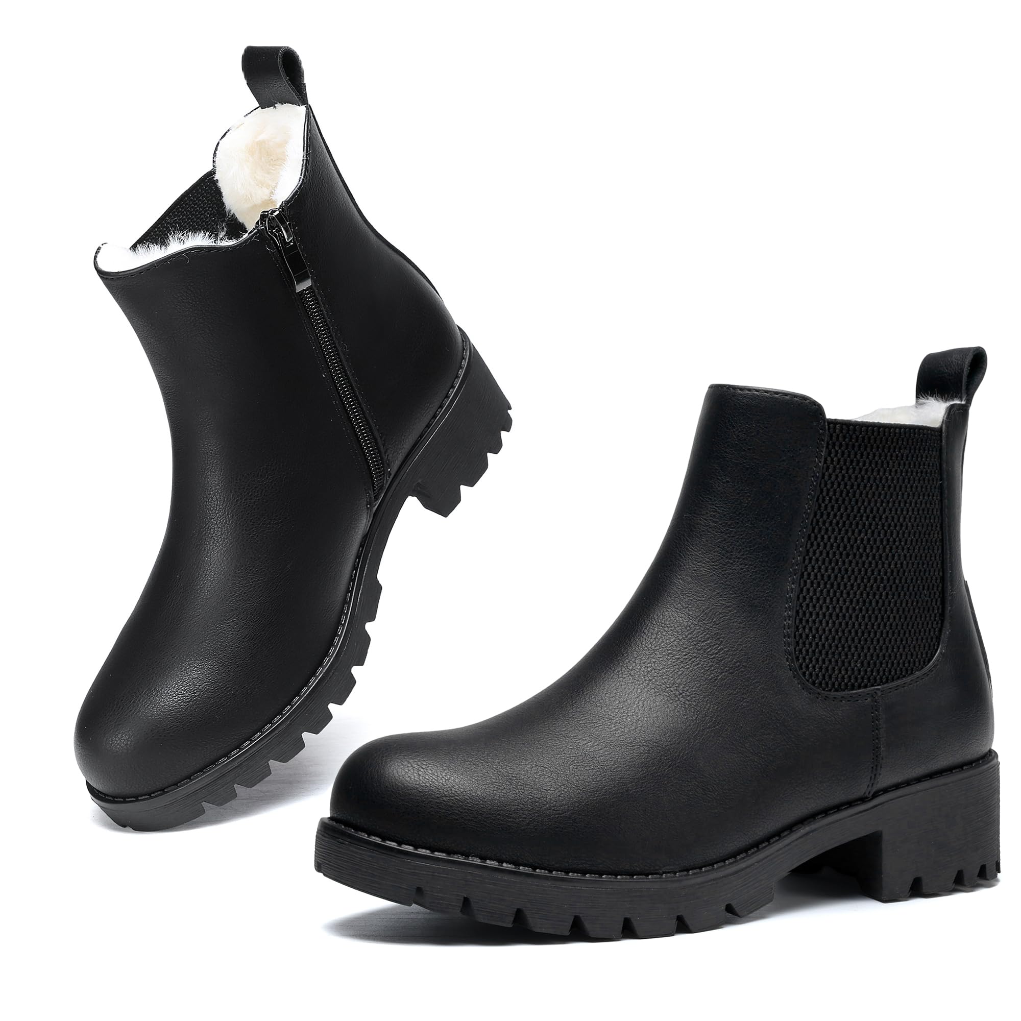 Chelsea Boots Women Winter Boots Fur Lined Chunky Lug Sole Ankle Booties | Side Zip Chels…