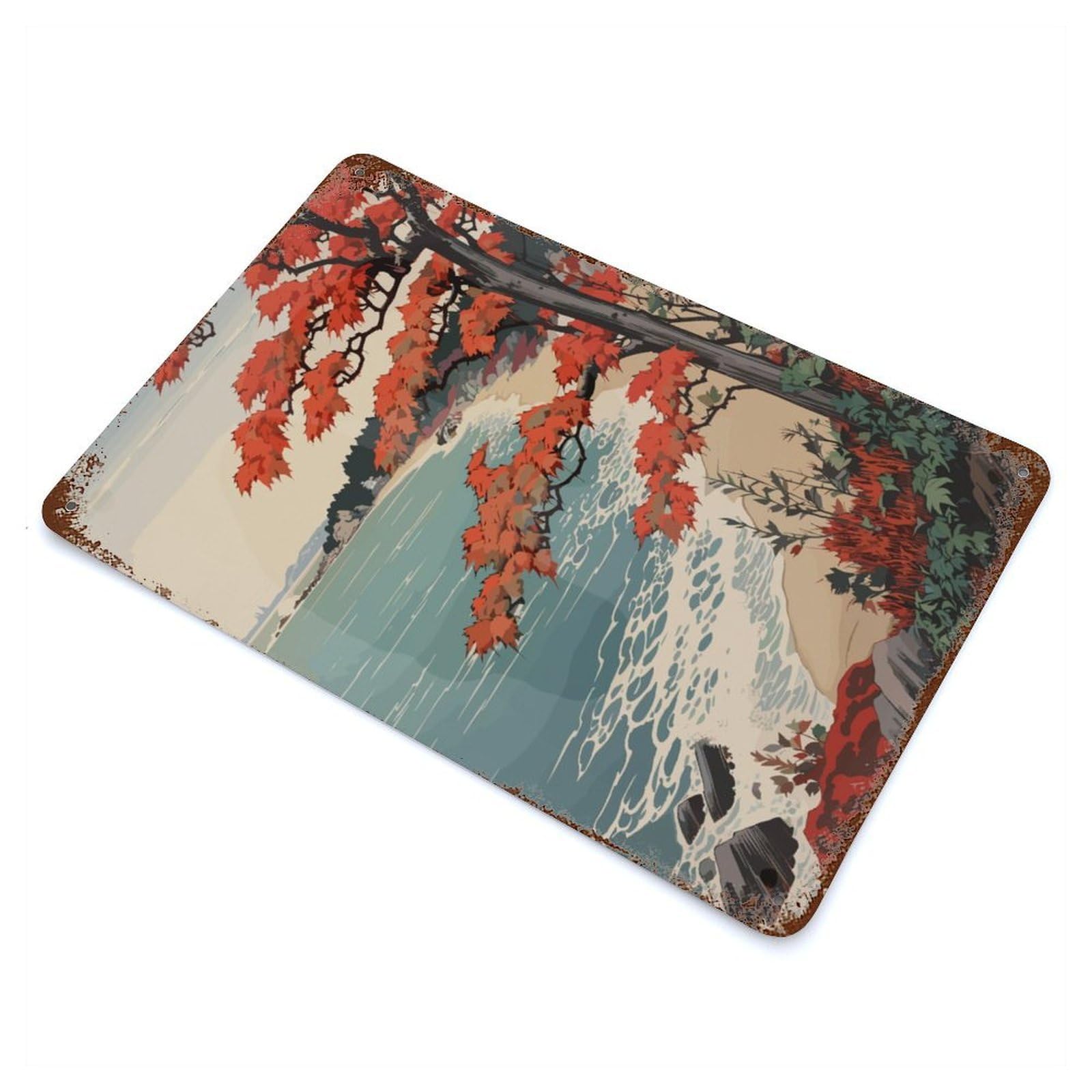 Autumn Coastline Rustic Tin Plaque 11.8"x7.9", Industrial Home Decor for Pub, Kitchen And Man Cave Decor