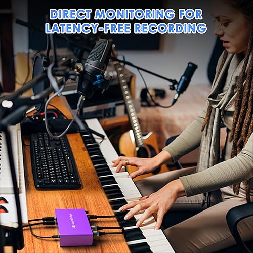 Miniatura 5 de Interfaz de audio USB 2i2 con alimentación fantasma de 48 V 24 bits192 kHz Plug and Play para grabación, podcasting, transmisión, grabación,