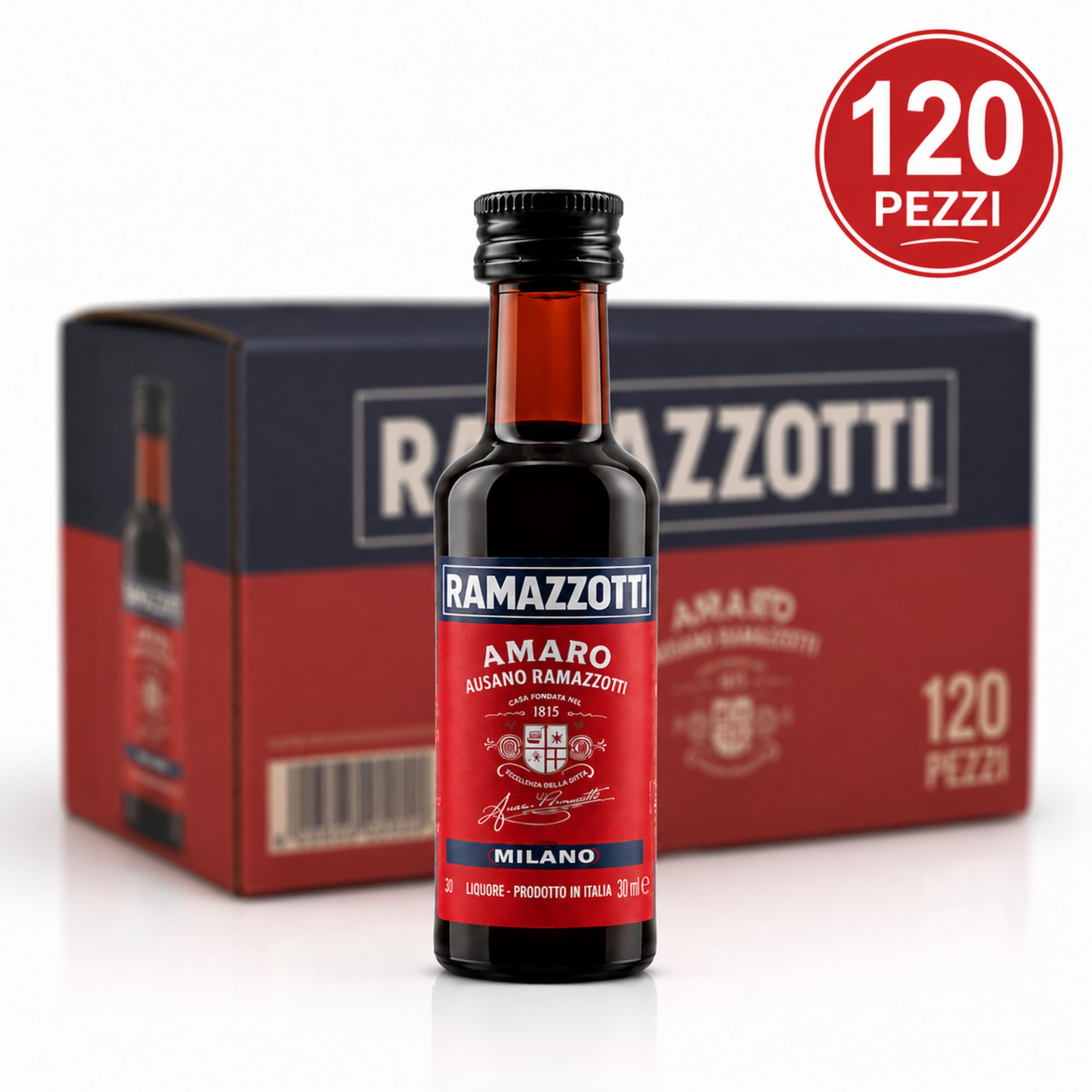 Amaro Ramazzotti Mignon 3cl x 120 - Liquore Amaro Italiano Originale Ausano Ramazzotti - Mini Bottiglia - Prodotto in Italia - Confezione da 120 bottigliette - 30% Vol