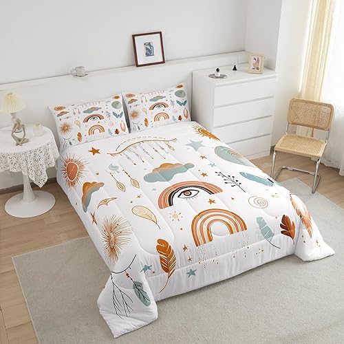 Miniatura 9 de Juego de edredón bohemio con diseño de arco iris para niñas, estilo de mediados de siglo, bohemio, sol, hojas botánicas, floral, juego de ropa de