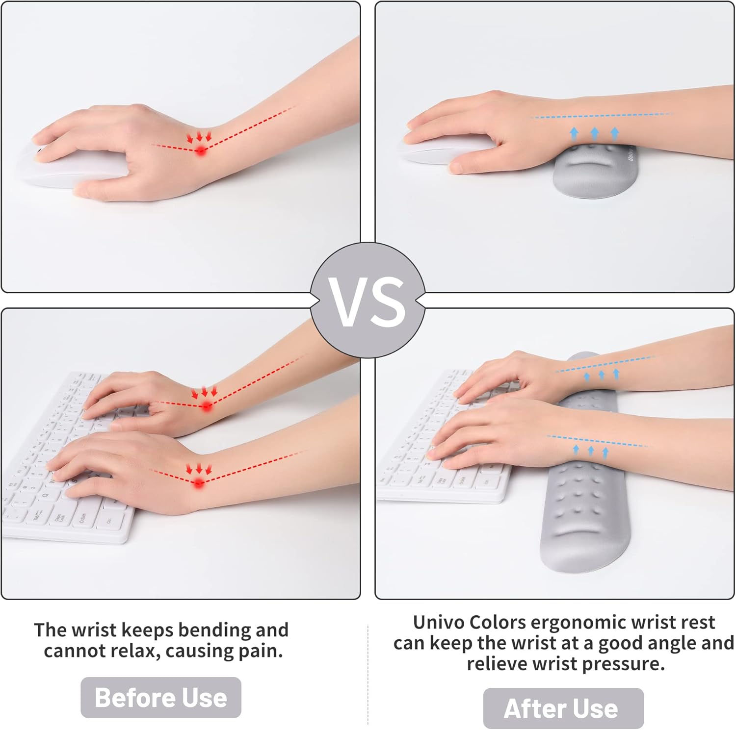 UnivoColors Gray Keyboard Wrist Support and Mouse Wrist Rest Set, Made of Memory Foam Soft Gel, Ergonomic Pad for Computer, Laptop, Mouse, Office, Gaming