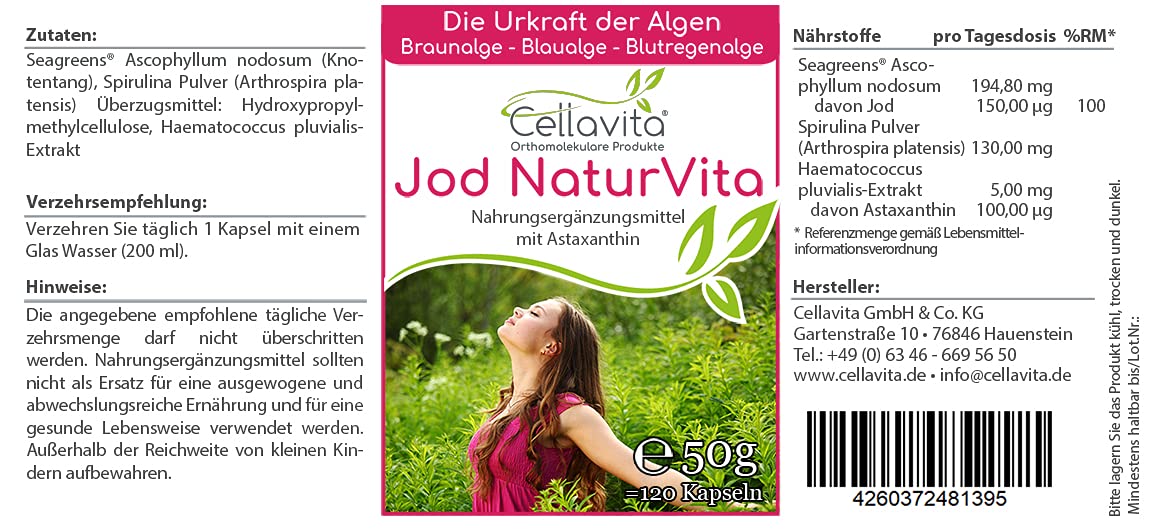 Cellavita Jod Natur Vita 4-Monatsvorrat 120 Kapseln | aus Kelp Algen mit Astaxanthin - Braunalge Blaualge Blutregenalge | natürliche JOD Quelle | Meeresalgen ohne Zusätze