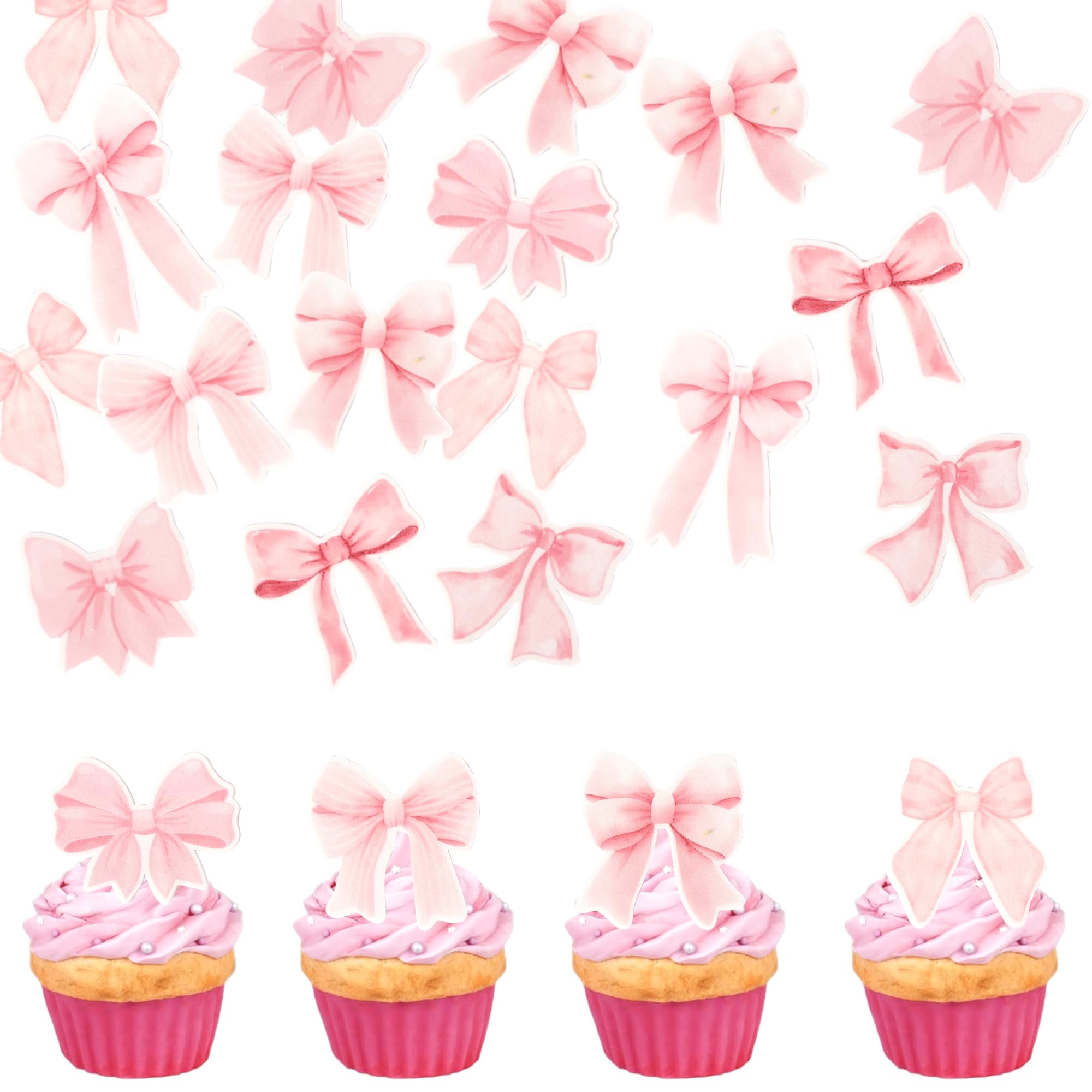 48 PCS Edible Pink Bow Cupcake Toppers Wafer Paper Pink Girls Birthday Party Decorations Edible Bowknot Cake Decorations for Coquette Bow Theme Bridal
