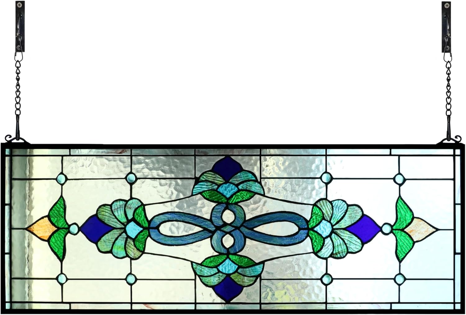 Extra Large Horizontal Blue Victorian Stained Glass Window Panels Hanging Transom Window Panels (35" X 12")