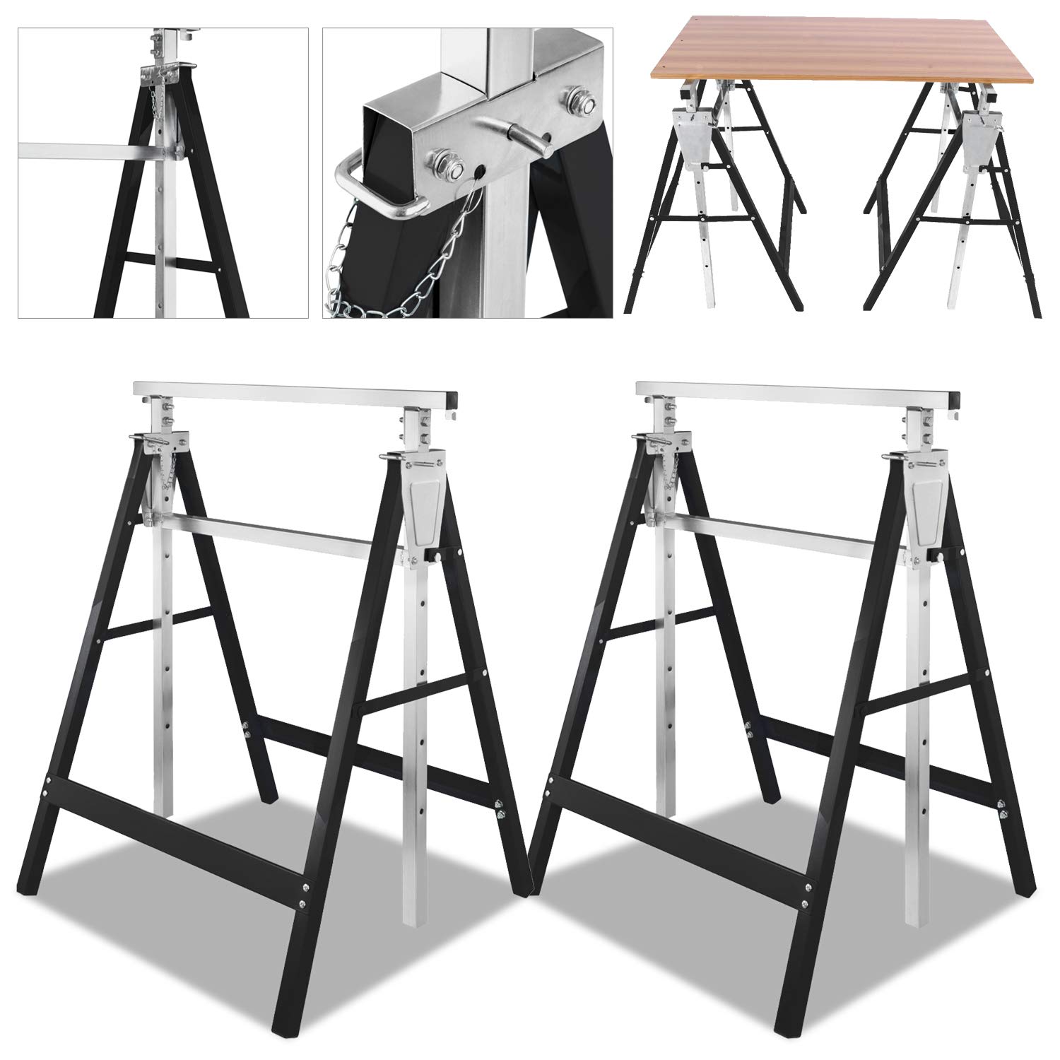 Lot de 2 tréteaux d'échafaudage pliables - Capacité de charge : 200 kg - 7 positions - Hauteur réglable de 82 à 130 cm - En métal - Noir