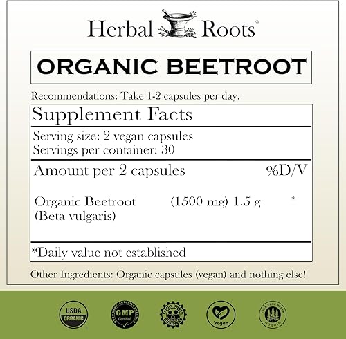 Miniatura 2 de Herbal Roots Cápsulas de polvo de raíz de remolacha orgánica, 1,500 mg por porción, certificado USDA orgánico, sin OMG, 60 cápsulas veganas
