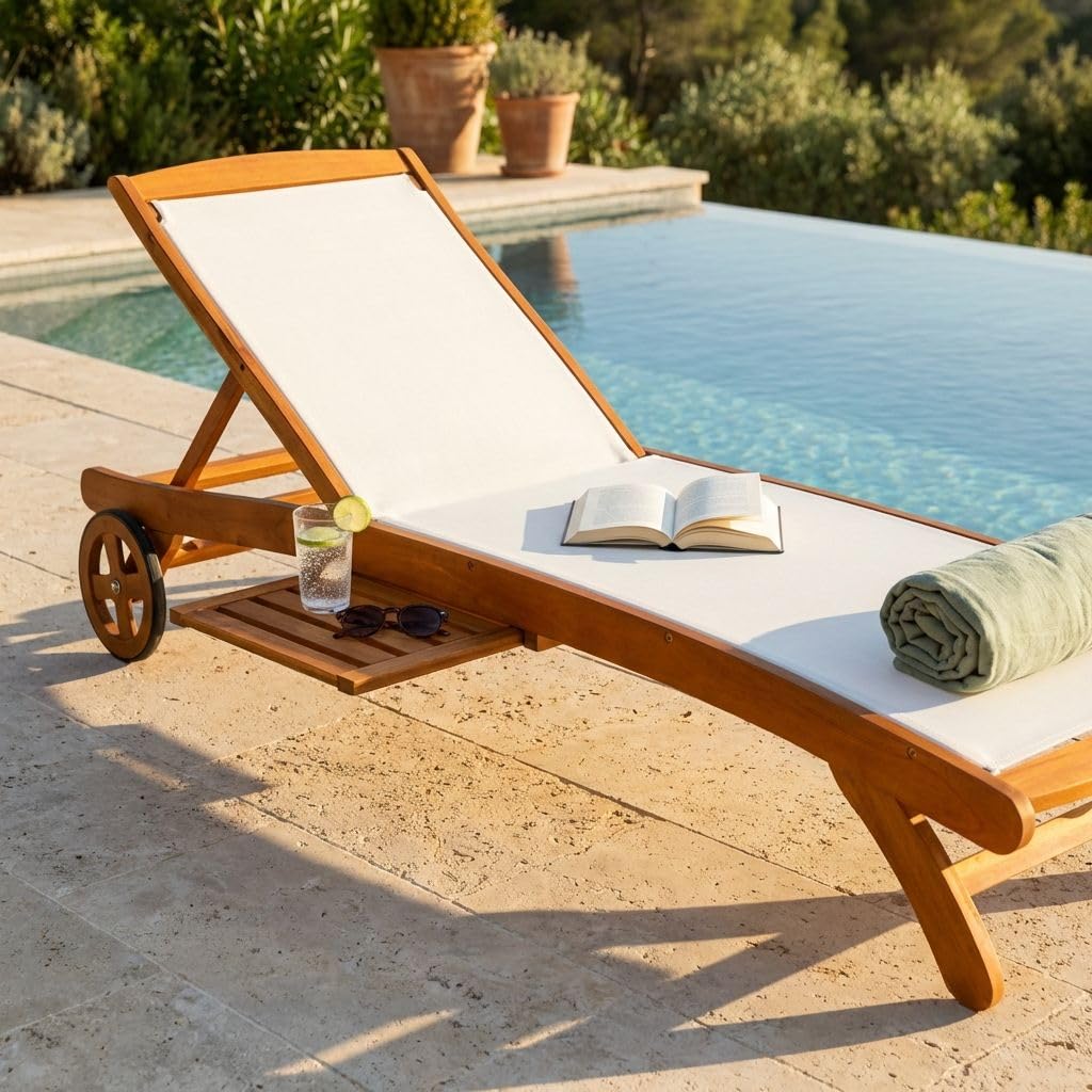 milani home - lettino prendisole da giardino, acacia e textilene, con ruote, schienale regolabile, ripiano laterale