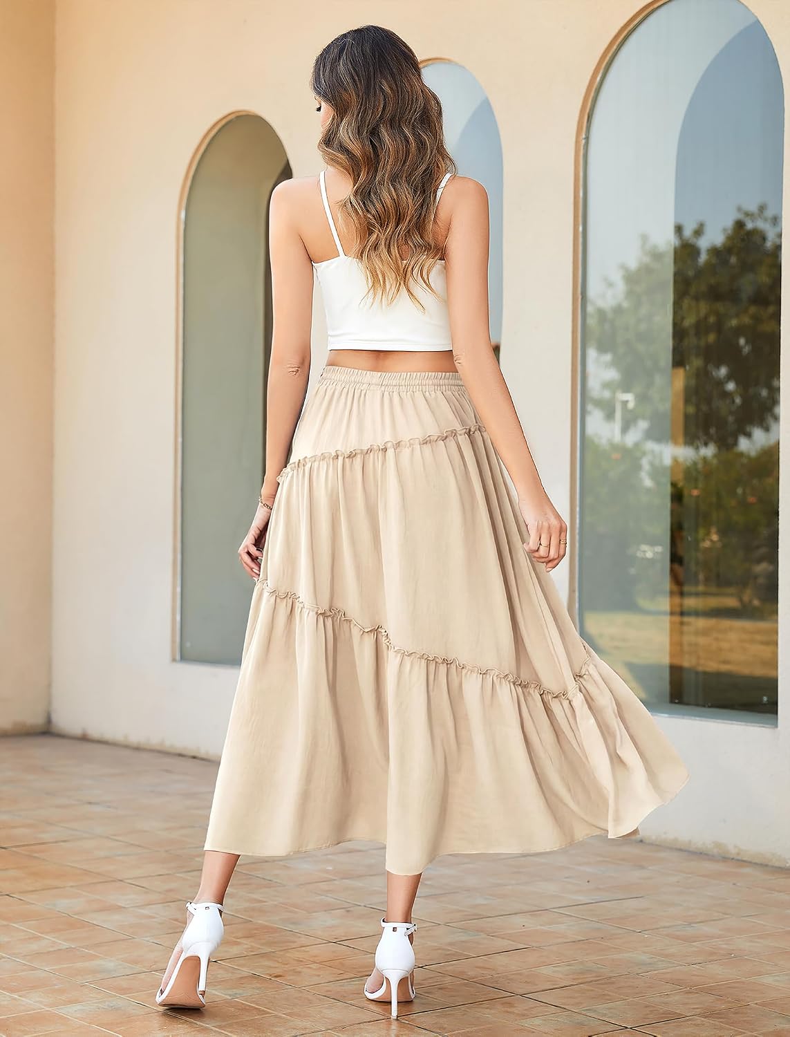 Gracyoga Womens Summer Casual Maxi Skirts Smocked Layered Tiered High Waisted A Line Flowy Long Elegant Skirt with Pockets