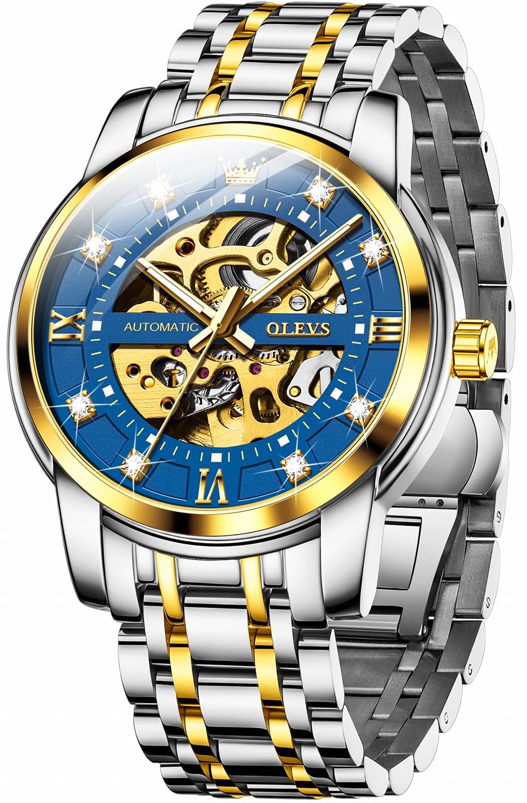 OLEVS Mens Automatic Watch Skeleton Diamond Luxury Mechanical Self Winding Dress Wrist Watch Waterproof Luminous