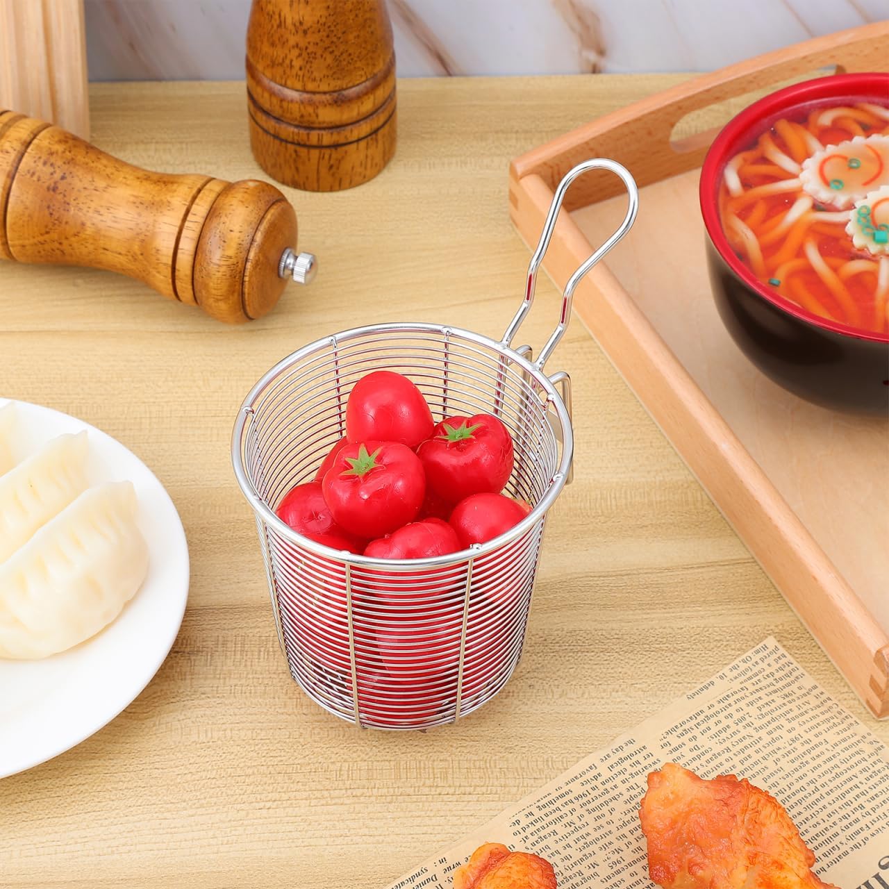 HANABASS 2pcs Stainless Steel Pot Strainer with Handle Fine Mesh Noodle Basket Hot Pot Strainer Mesh Colander for Pasta Ramen Cooking Hanging Hook Design