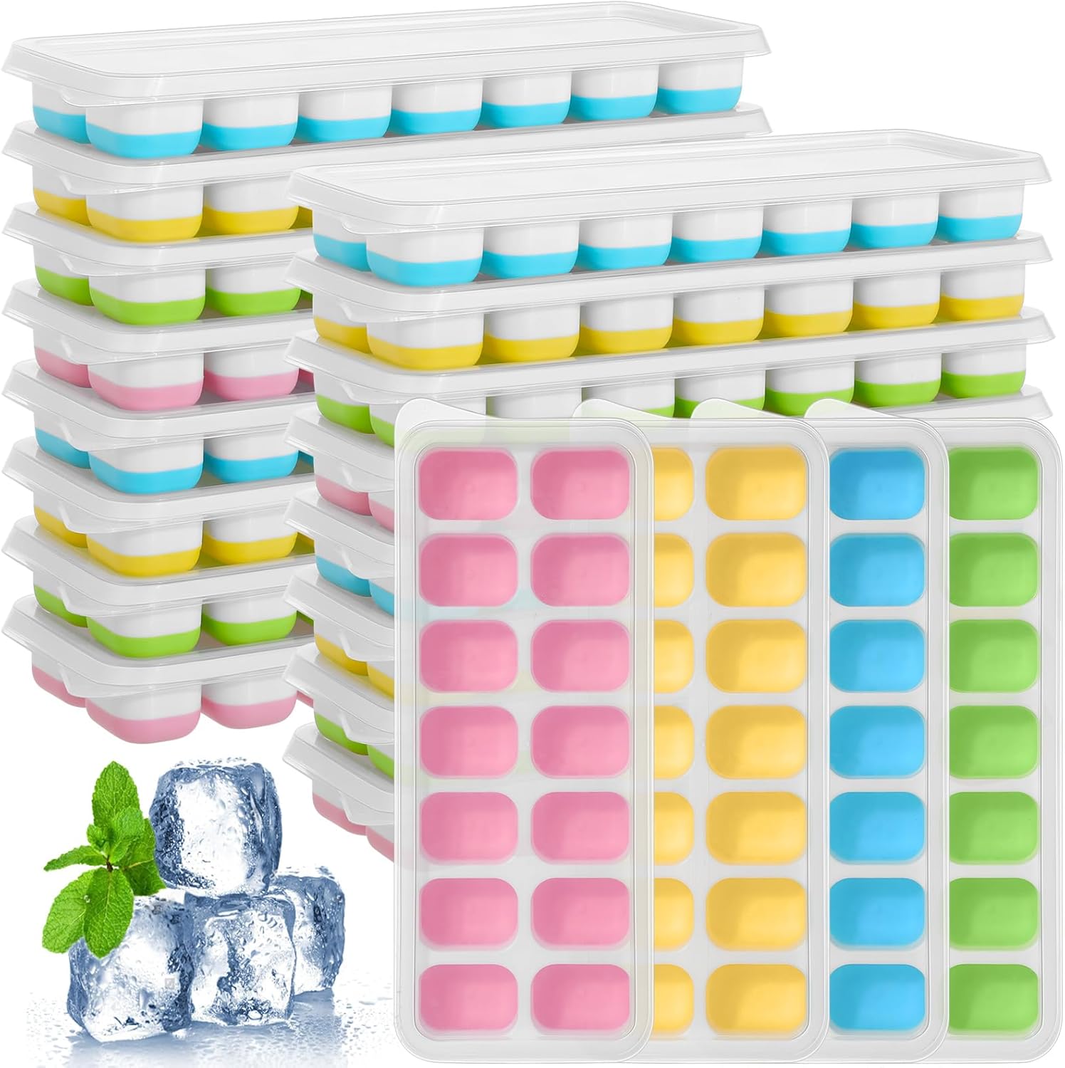 20 Pack 280 Pcs Ice Cube Trays for Freezer Silicone Ice Trays with Spill Resistant Removable Lid Easy Release Flexible Stackable 14 Iced Cube Maker Mold for Cocktail Coffee, Yellow Pink Blue Green