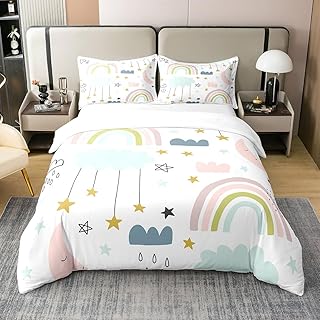 Cute Rainbow Duvet Cover Set 100% Natural Cotton Twin Size Clouds Moon and Stars Super Soft Bedding Set 2 PCS Cartoon Style Cotton Comforter Cover for Bedroom Decor