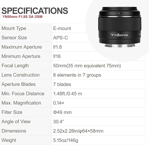 YN50mm F1.8S DA DSM Autofocus Standard APS-C Frame Lens for Sony E Mount | YN50MM F1.8S DA DSM Lens, for Sony E-Mount mirrorless Cameras, 50mm F1.8 Large Aperture