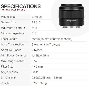 YN50mm F1.8S DA DSM Autofocus Standard APS-C Frame Lens for Sony E Mount | YN50MM F1.8S DA DSM Lens, for Sony E-Mount mirrorless Cameras, 50mm F1.8 Large Aperture
