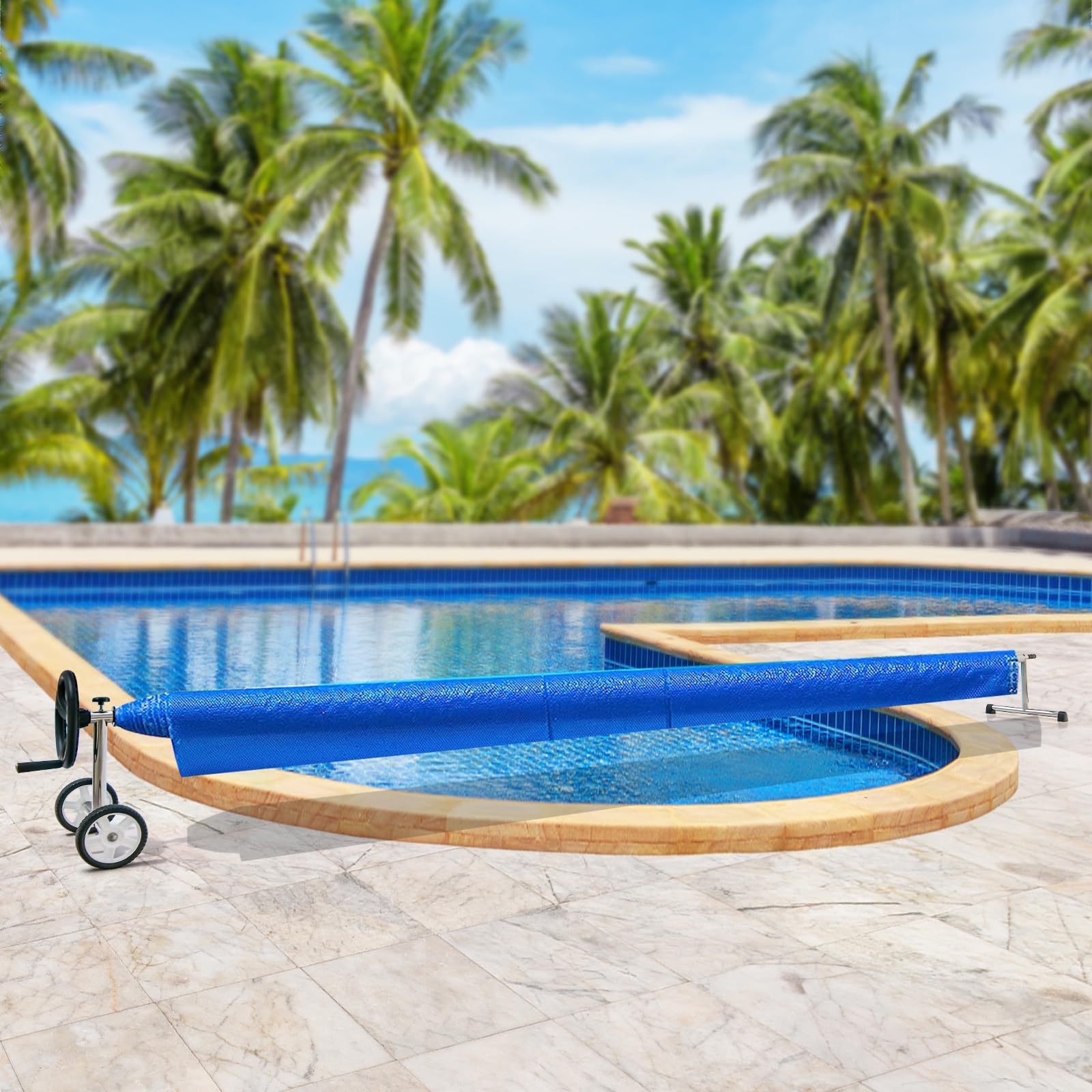 GOPLUS Enrollador Piscina para Liner de Piscina 1,65-7,7 m, Enrollador Lona Piscina de Aluminio y Soporte de Acero Inoxidable